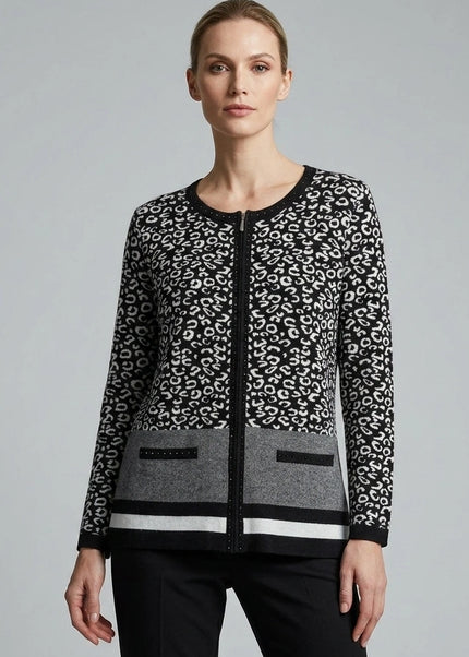 Cardigan jacquard pattern zip round neck