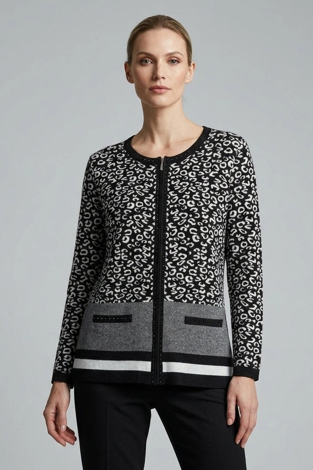 Cardigan jacquard pattern zip round neck