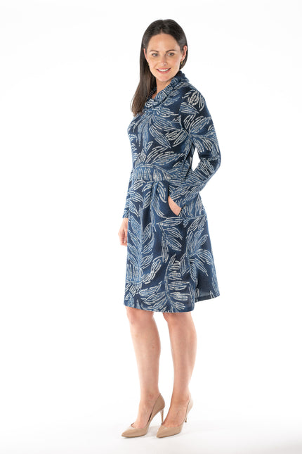 Dress leaf print cowl neck long sleeve
