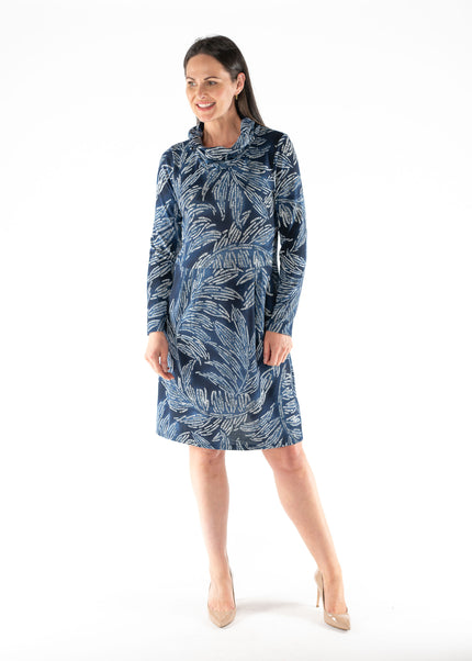 Dress leaf print cowl neck long sleeve