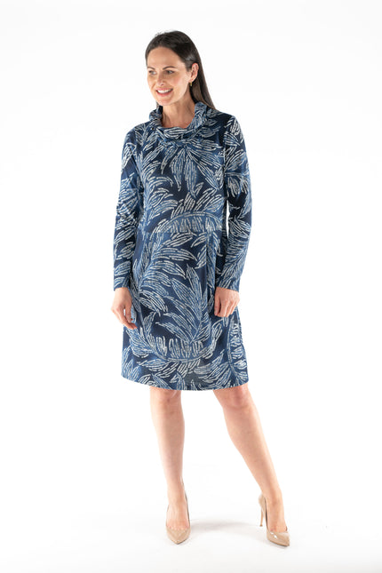 Dress leaf print cowl neck long sleeve