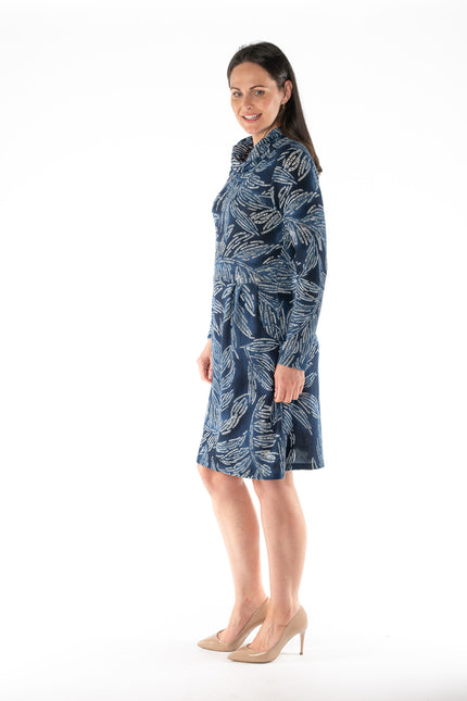 Dress leaf print cowl neck long sleeve