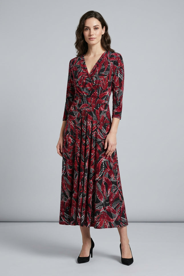 Dress red print wrap front dress v neck