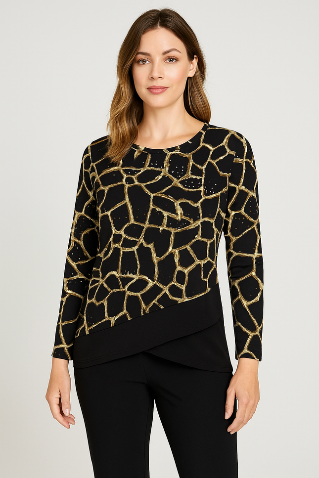 Top animal print round neck contrast hem