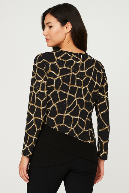 Top animal print round neck contrast hem