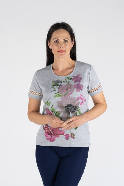 T shirt bold flower print lace detail