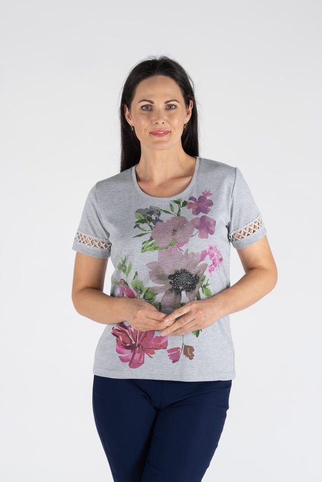 T shirt bold flower print lace detail