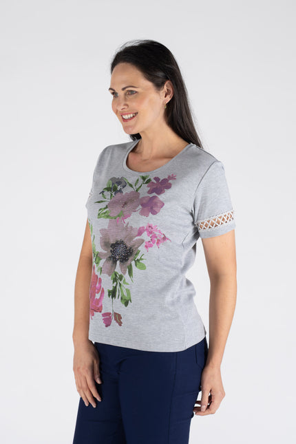 T shirt bold flower print lace detail