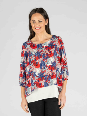 Red Blue Printed layer top with 3/4 sleeve and round neck