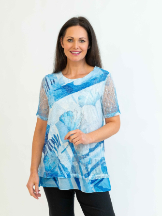  BLUE PRINT Printed burn out layered Top with chiffon trim round neck short sleeve