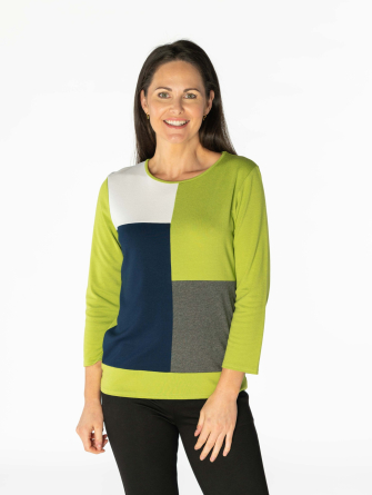 Green Squares pattern colour block top round neck 3/4 sleeve